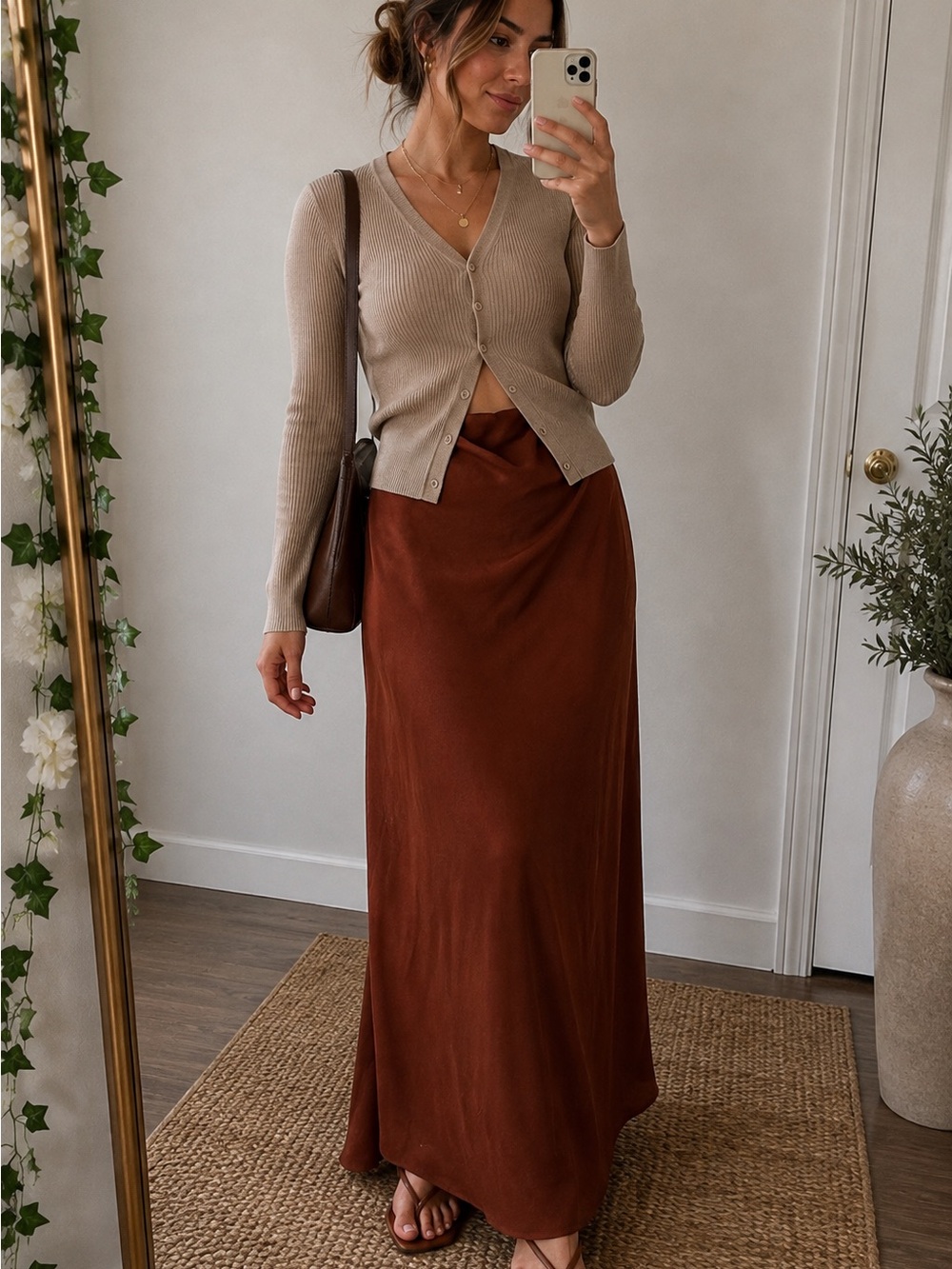 Anthropologie Rust Satin Maxi Slip Skirt